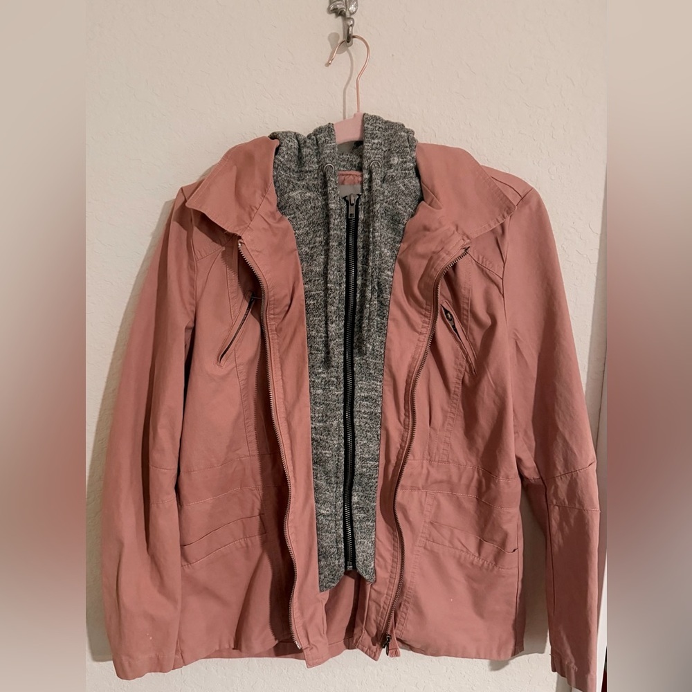 LE3NO Women's Rose/Mauve Jacket Hoodie with Gray Inner Layer